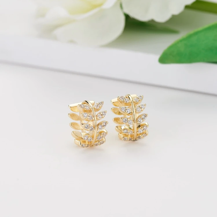 New Design Leaf Shape 14K Gold Plated Micro Pave Zircon Hoop Earrings