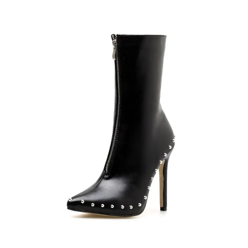 

2020 Amazon High-heeled shoes fall fashion women's boots pointed rivet super stiletto heels with zipper streetwear high fashion, 2 colors as picture