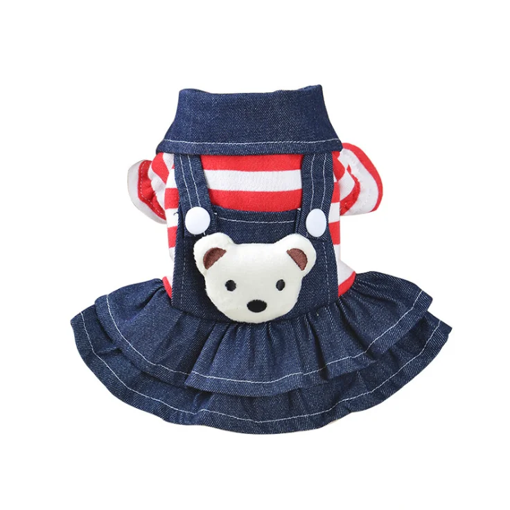 

Queena Striped Jean Dog Clothes Winter Small Pet Jumpsuit Overalls Dress Apparel Warm