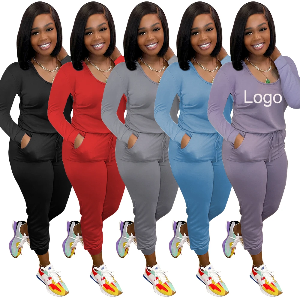 

2021 New Arrivals Casual Long Sleeve Tops Drawstring Pants Trousers With Pockets 2 Two Piece Pants Sets Fall Women Clothing