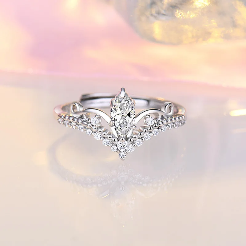 

2021 Fashion Design Women Adjustable 925 Sterling Silver Diamond Engagement Princess Crown Rings