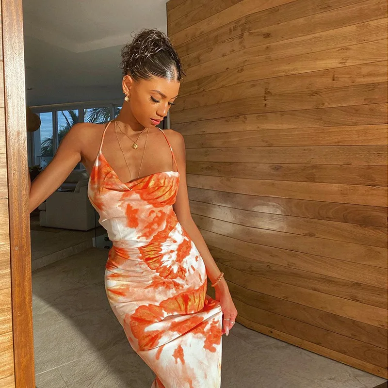 

2021 Long skirt dresses fashion new tie-dye suspender dress women lady elegant arket clothing, As picture