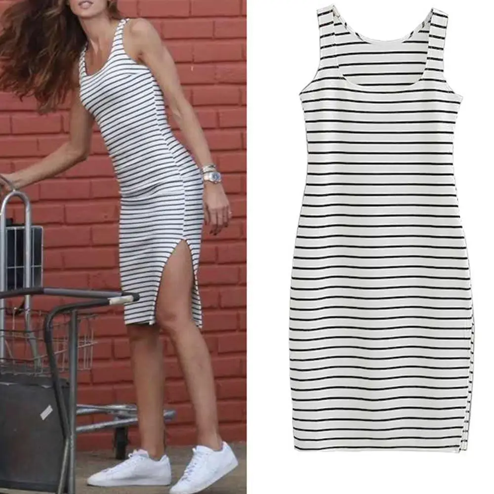 

Women Casual Summer Fashion Sexy Slim Side Slit Stripe Vest Bottoming Dress Femme Tank Dresses