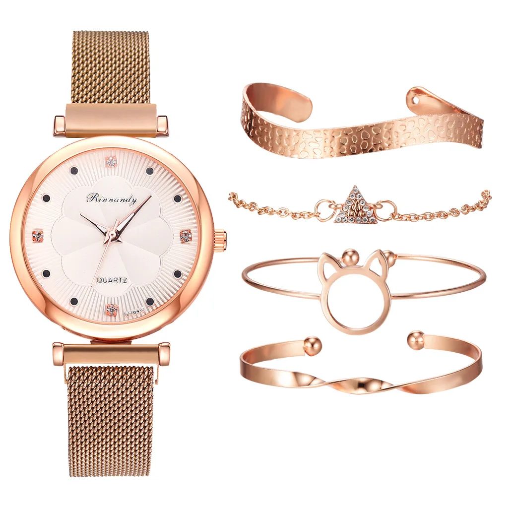 

2020 Cross-border set female magnetic buckle simple leisure watch alloy mesh belt flower dial quartz watch