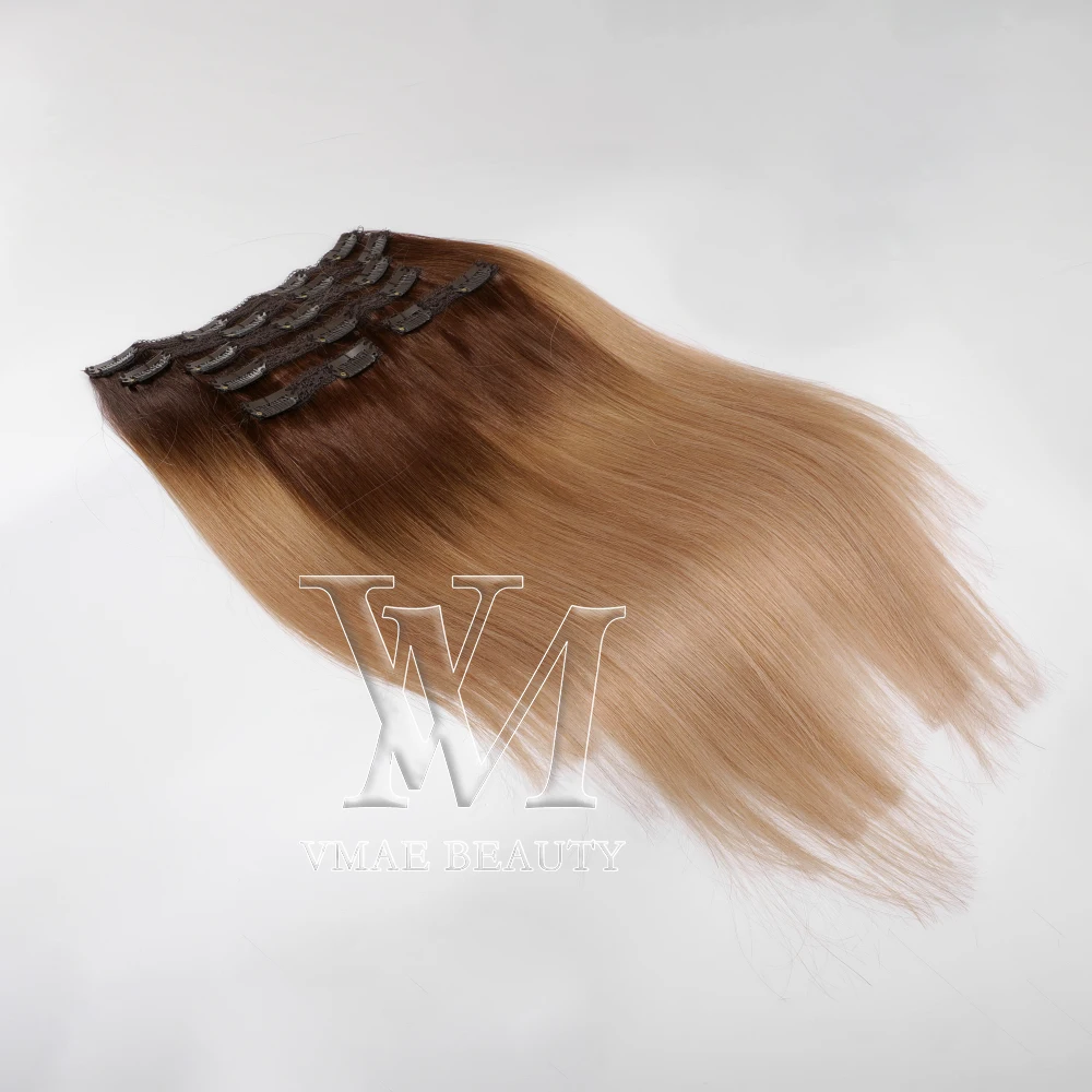 

VMAE Malaysian Remy Virgin 100g 120g 4# Root 27# End Straight Curl Two Tone Mix Color Clip In Hair Extension, Custumized color