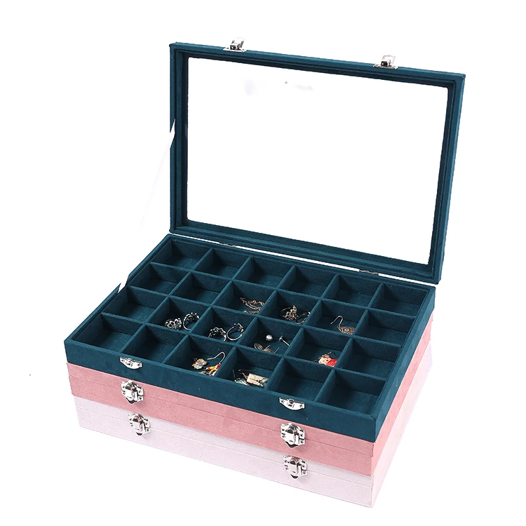 

Wholesale 24 Grid Green Pandora Jewelry Displays Stands Ring Earring Store Display Stand Jewelry Tray With Lid, Pink white dark green beige