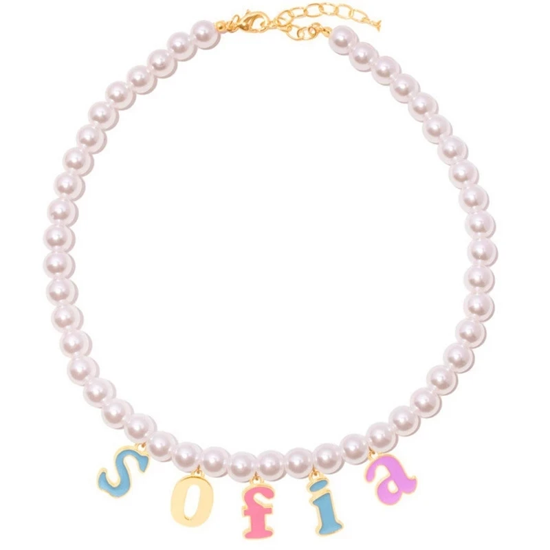 

SJ OEM ODM Lateefah personalized colorful Enamel letter women necklace custom name pearl necklace