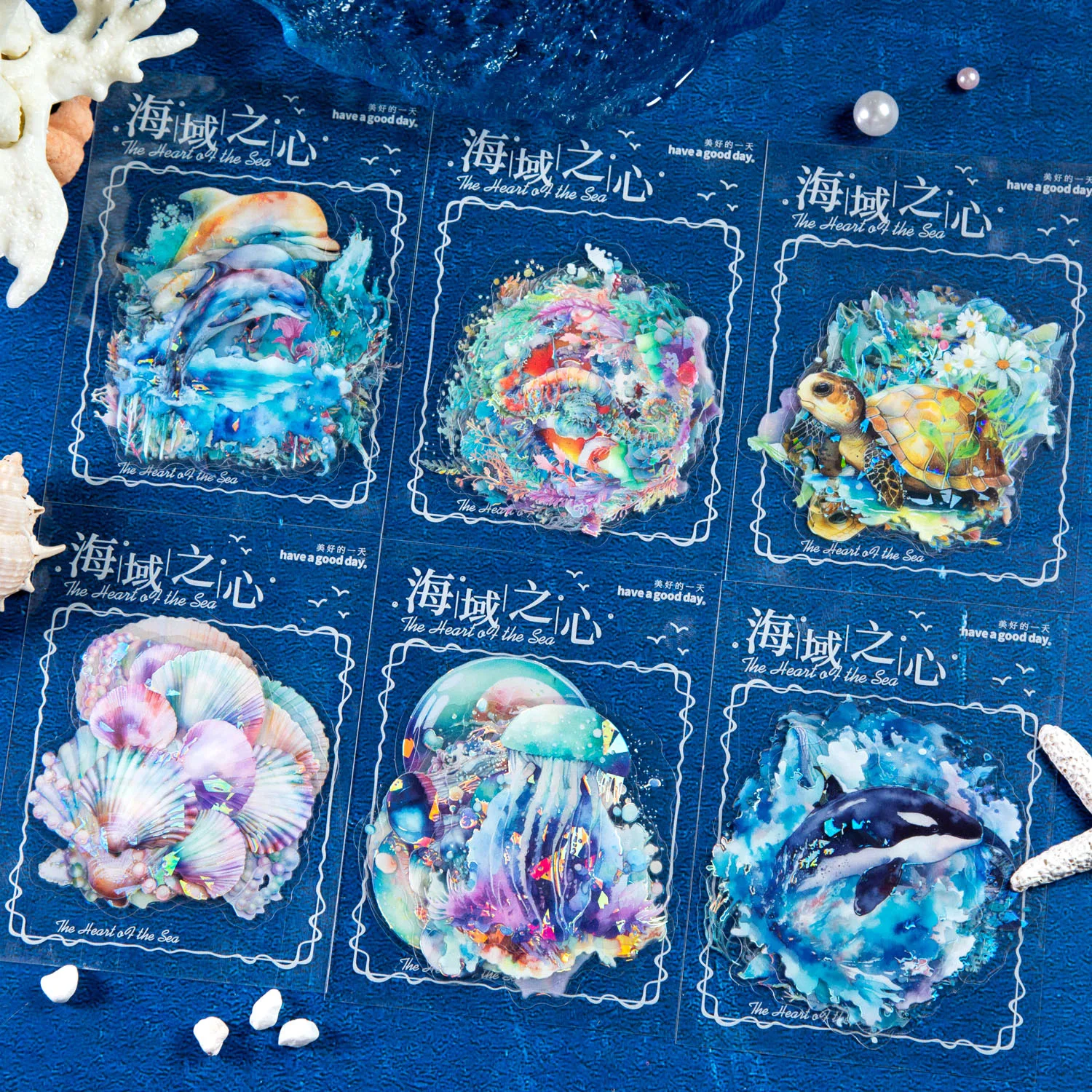 

10 Pieces Sea Heart Series Ocean Theme Shell Light Journal Material Stickers