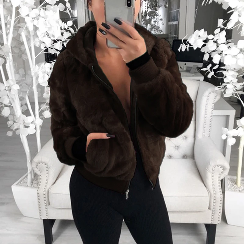 

Wholesale New Style Rabbit Fur Garment Short Knitted Rabbit Fur Jacket WomenThick and Warm Autumn and Winter Hooded Jackets