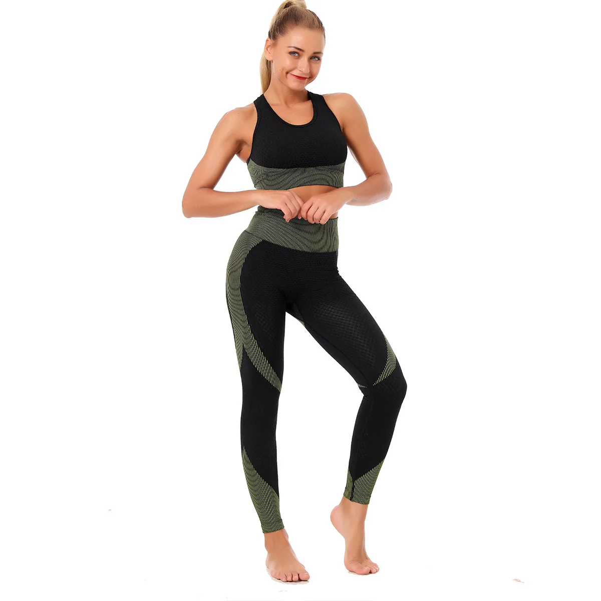 

Hot Sexy Knitted Hip Lifting Elastic Fitness Sports 2 Two Pieces Sets Yoga Wear Suit Leggings Pants Sportswear Women Clothing, As picture & customize