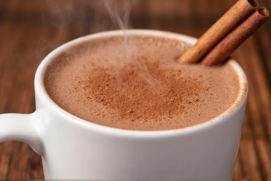 Close-up of steaming cinnamon hot chocolate in white ceramic mug with cinnamon stick garnish and cocoa powder dusting
