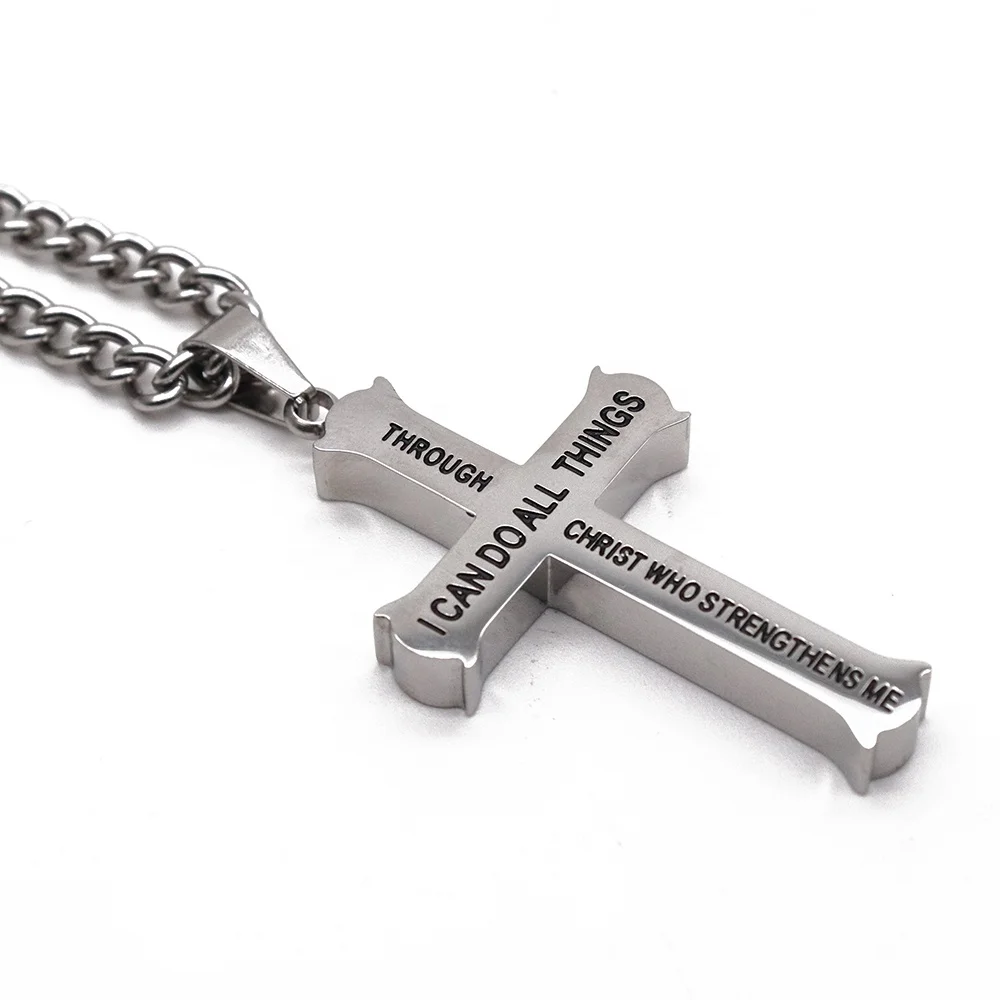 

316L Stainless Steel Cross Necklace Drop Oil Lettering O Shape Chain Lobster Clasp Christian Jesus Pendant Necklace