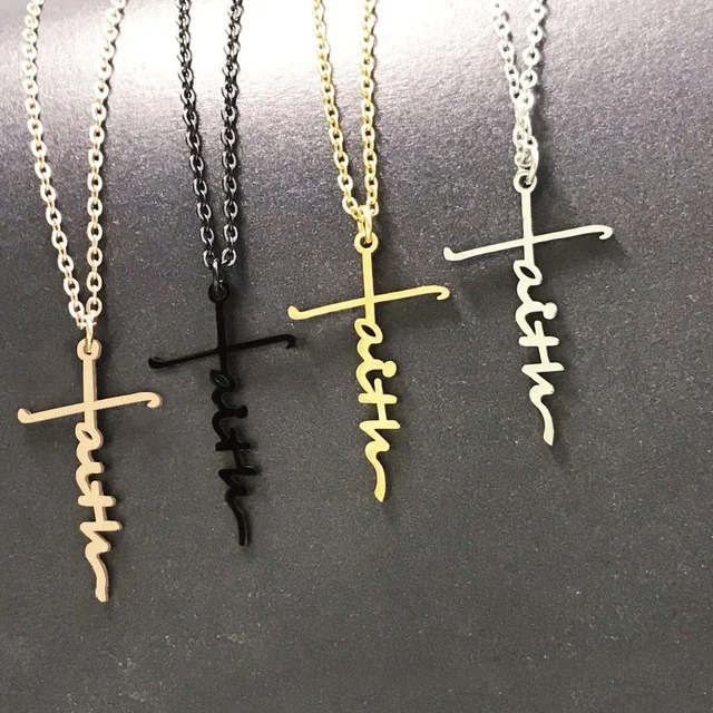 

Amazon New Gold black silver stainless steel hope love faith cross pendant necklace women men gift