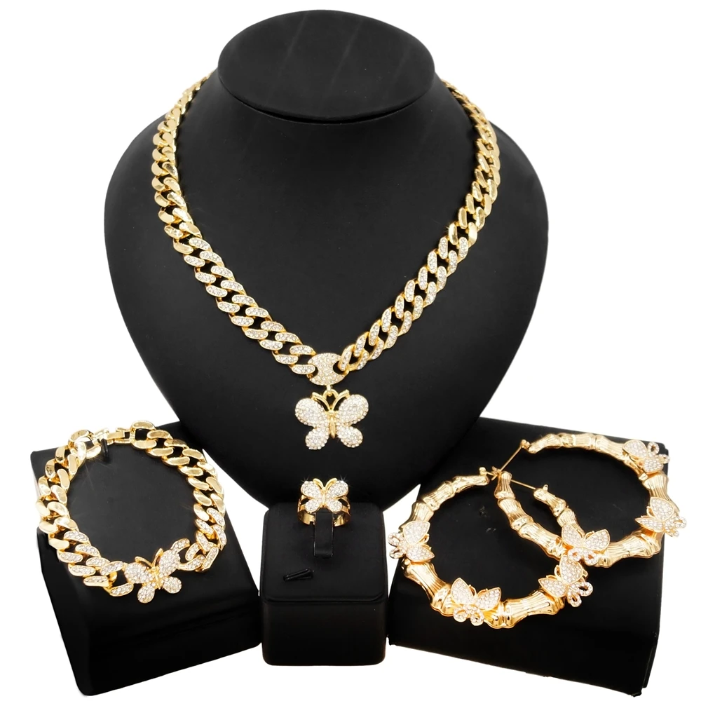 

Yulaili Butterfly Women's Cuban Chain Bridal Jewelry Sets Famous Brands Hip Hop Style 18 Carat Gold Bridal XO Jewelry Set Z0029