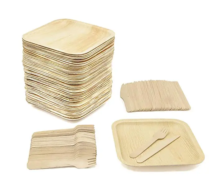 

Eco-Friendly Dinnerware,Disposable Square Palm Leaf Plates, wood Forks & Knives., Natural