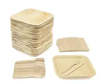 

Eco-Friendly Dinnerware,Disposable Square Palm Leaf Plates, wood Forks & Knives.