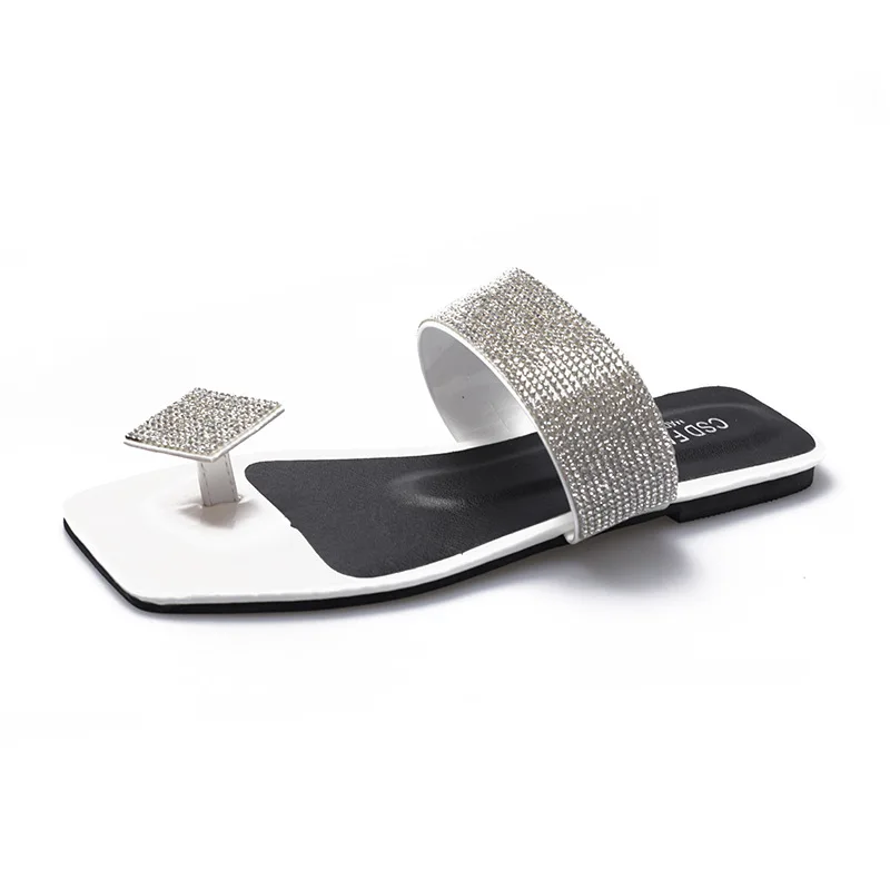 

Summer Seaside Beach Ladies Trendy Slippers Solid Color Square Head Rhinestone Straps Women Flip Flops Slippers