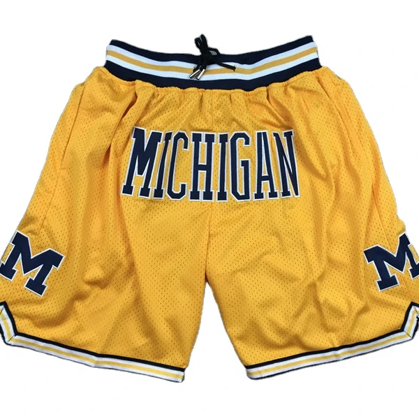 

Michigan yellow basketball shorts mesh high quality embroidered summer shorts available wholesale GP2020089BK, As pictures