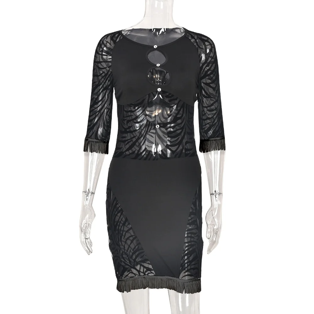

CX101 Fall Girls Round Neck Patchwork Dress Women Tassel Bodycon Hollow Out Design Dresses With Hole, 6 colors