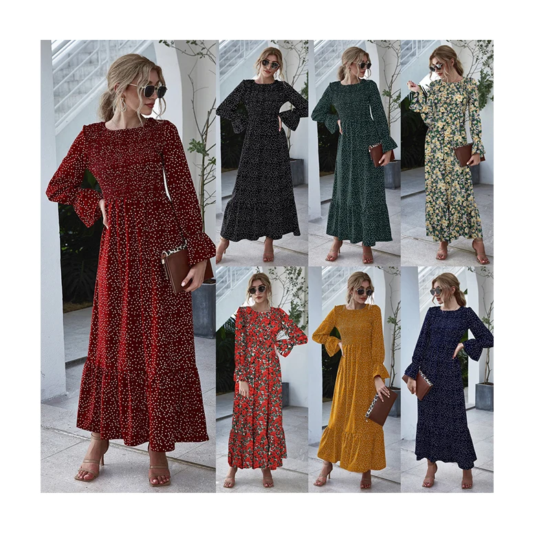 

2021 Fall Fashion Women's Print Round Neck Long Sleeve Stitching Bohemian Elegant Casual Cotton Dress