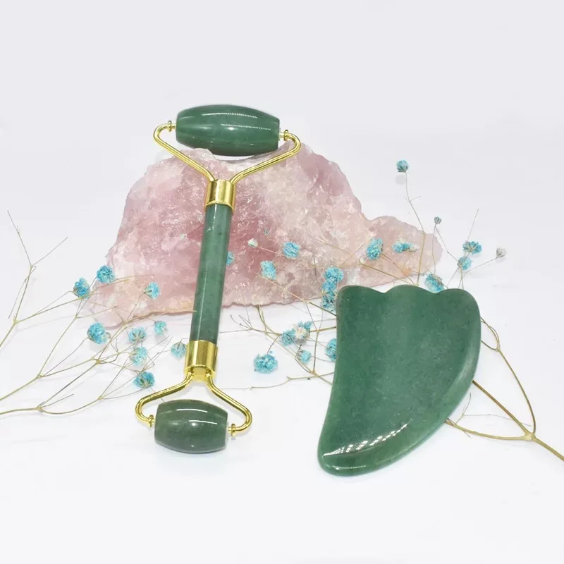 

Noise Free Massager Natural Green Jade Stone Facial Roller With Gua Sha Scraping Tool Set