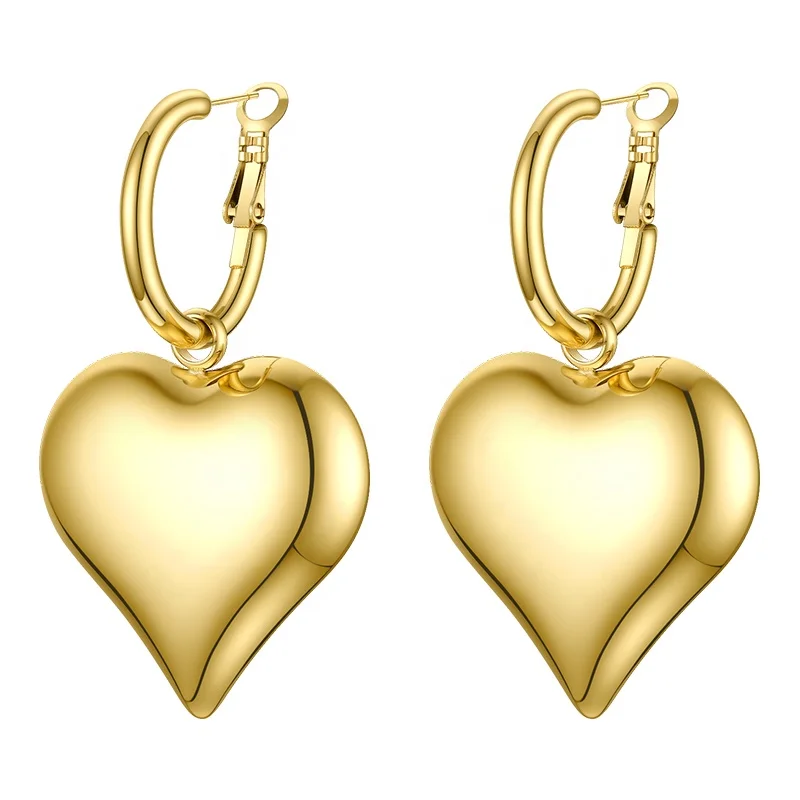 

High Quality 18K Gold Plated Stainless Steel Jewelry Glossy Big Heart Pendant Hoop Earrings E201152
