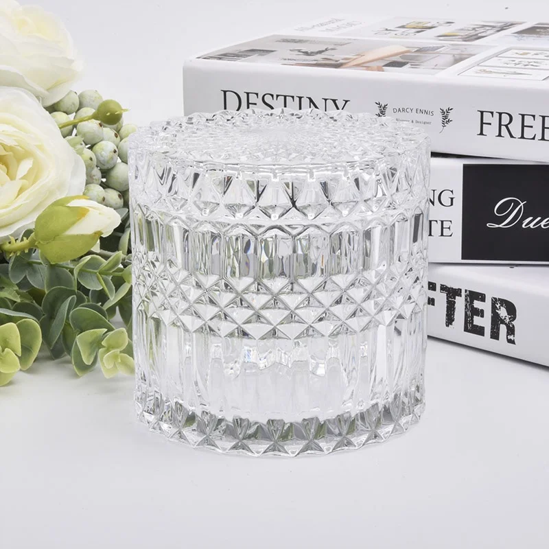 Clear engraving votive candle jar glass candle holder with lid home decoration
