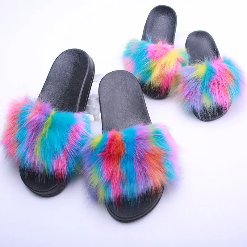 

fashion fur slides REAL BIG FURRY slippers flush soft raccoon outdoor slider sandals fox fur slipper for women