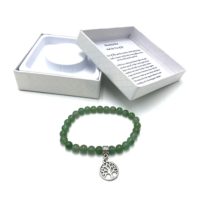 

Giftbox and property description of the stone free display box Gemstone bracelet with charm Tree of life and Aventurine