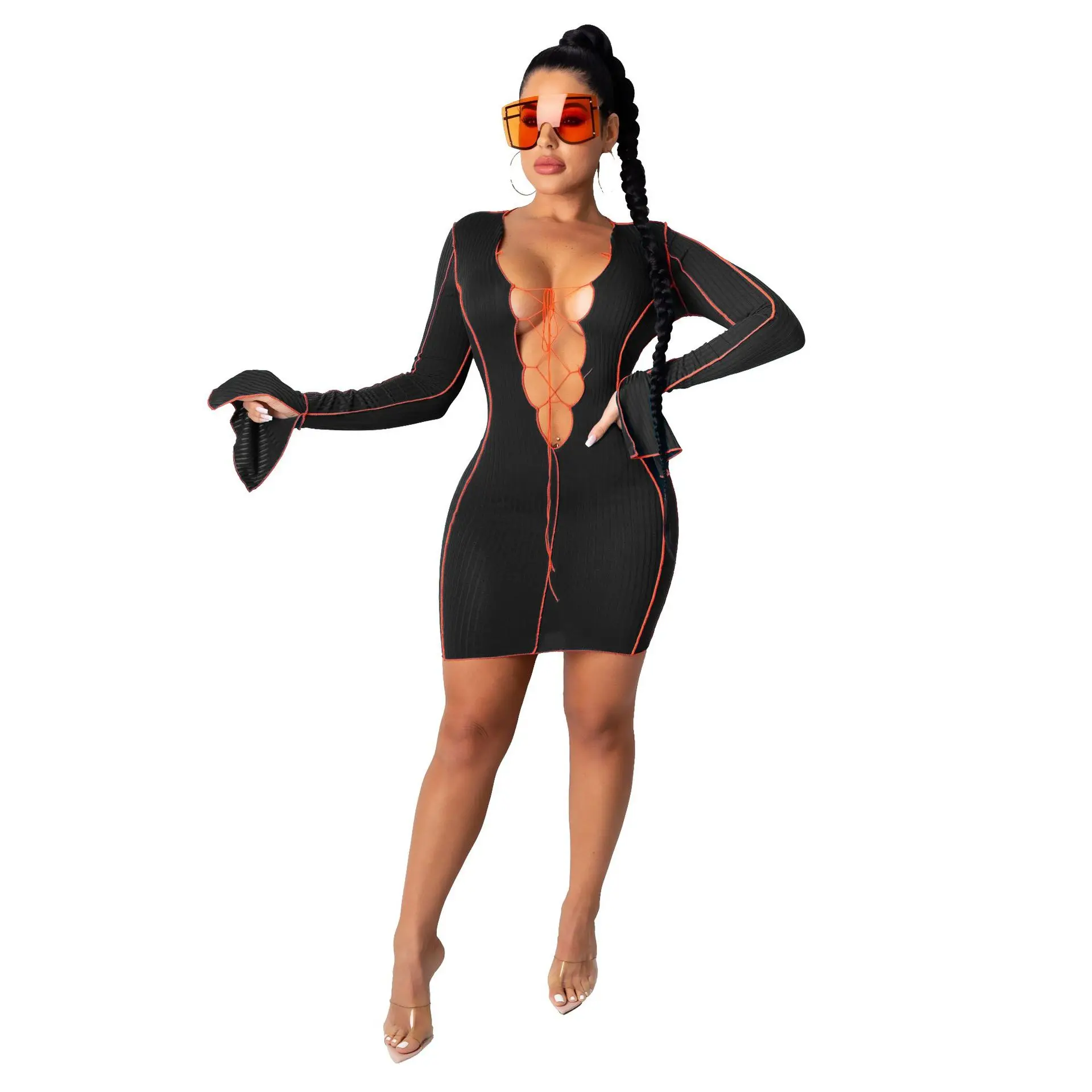 

Fashion Bodycon Dress Bandage Deep V Neck Long Flare Sleeve Sexy Club Wear Autumn Women Dresses, Wine red, gold, black, blue, dark green