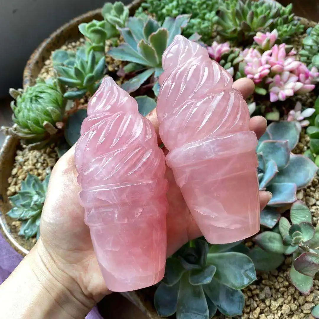 

Hot Sale Natural Crystal Folk Craft Rose Quartz Ice Cream Hand Carved Crystals Healing Stones