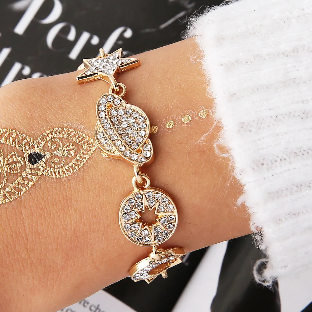 

Women Ins retro Europe and America Diamond Star Moon Planet Bracelet for lady, As picture