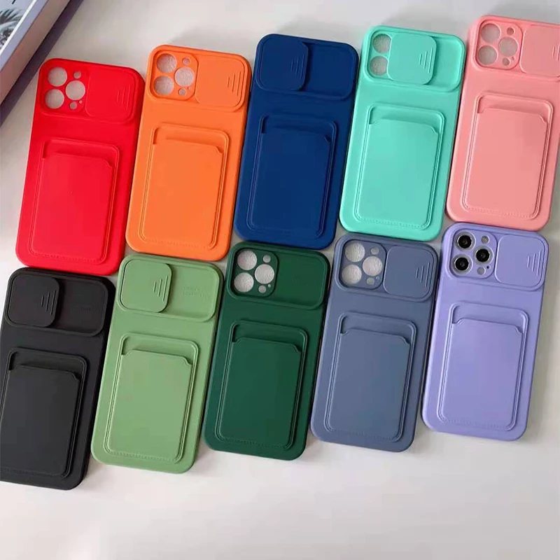 

Slide Camera Protection Phone Case with card slot Soft TPU Phone Back Cover Case For iPhone 12 11, 10 colors