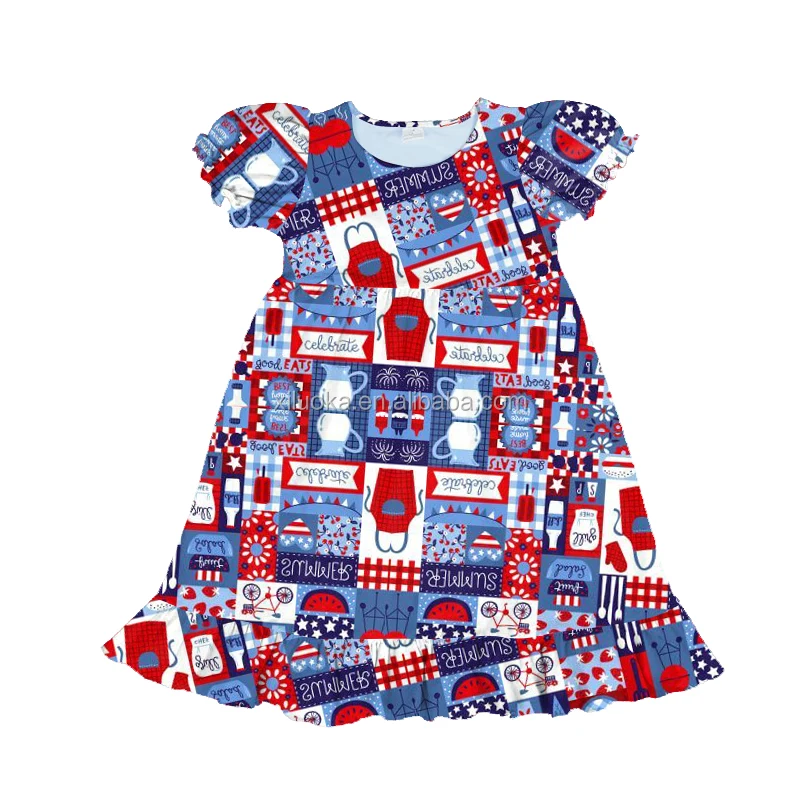 

4th of July Children Boutique Clothing Kids American Flag Print Fringe Patriotic Dress, Picture