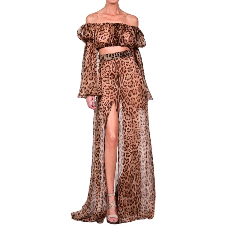 

One shoulder leopard Chiffon two-piece suit party long dress women's club dresses fashion sexy temperament 2022 summer new skirt