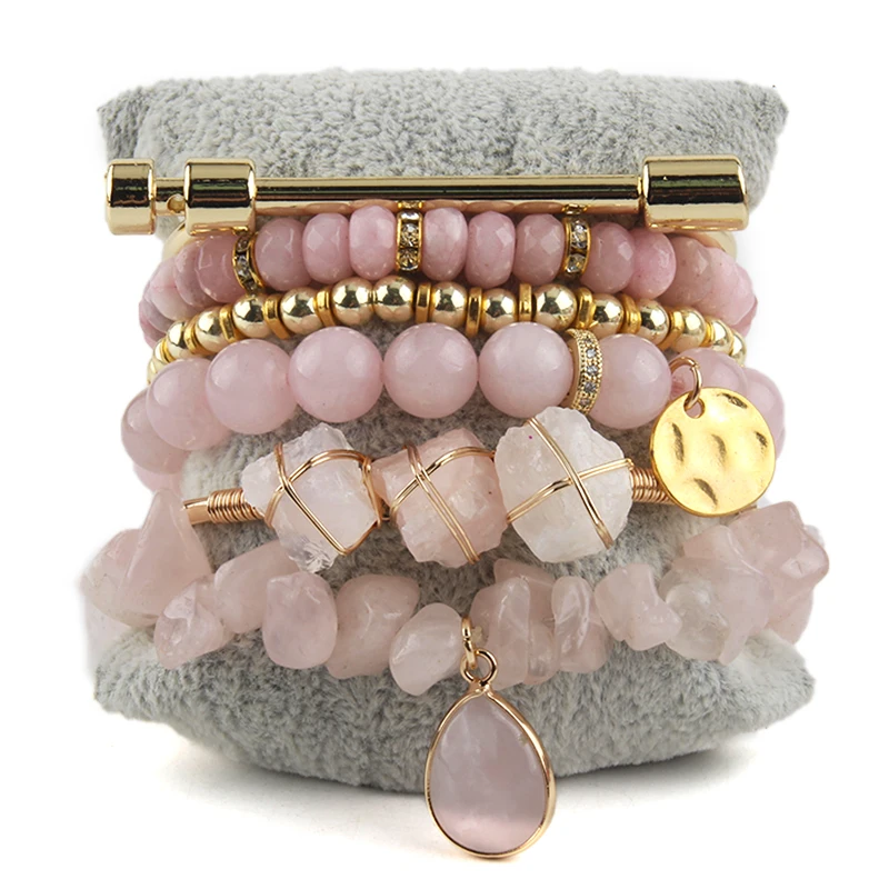 

Fashion 6pc Alloy Wire Rose Quartz Bangle Chip Stone Drop Charm Bar Bangle Gold Plated Beads Metal Charm Stack Bracelet set