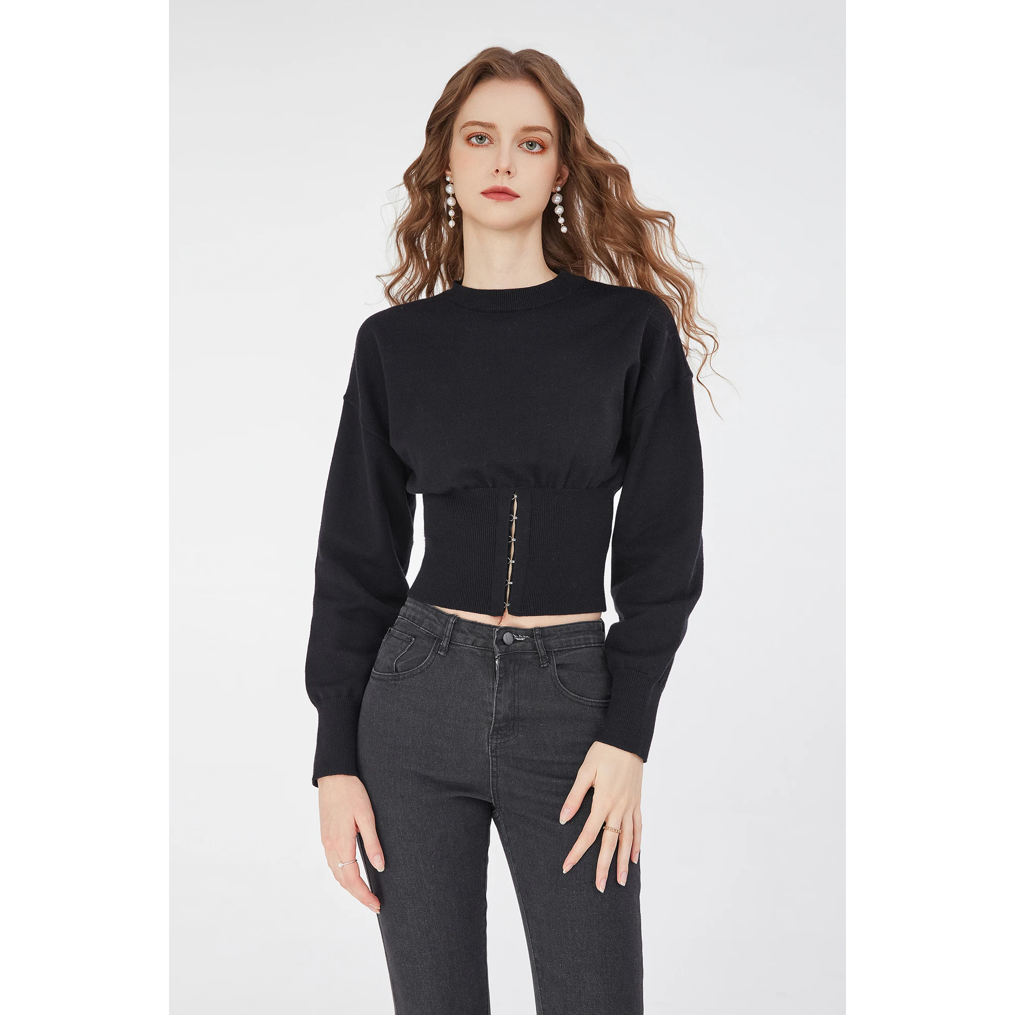 Wholesale Women's Long Sleeve Round Neck Knit Knitwear with Hook and Eye Corset Waist Custom Y2K Style Cropped Pullover Top