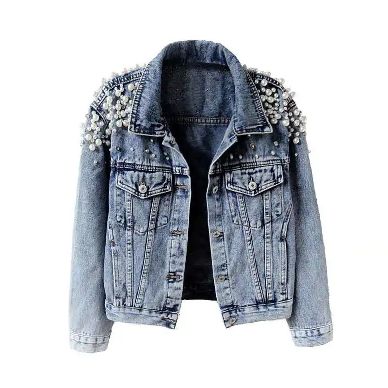 

Plus Size Casual Pearls Jeans Denim Jacket For Women Ladies
