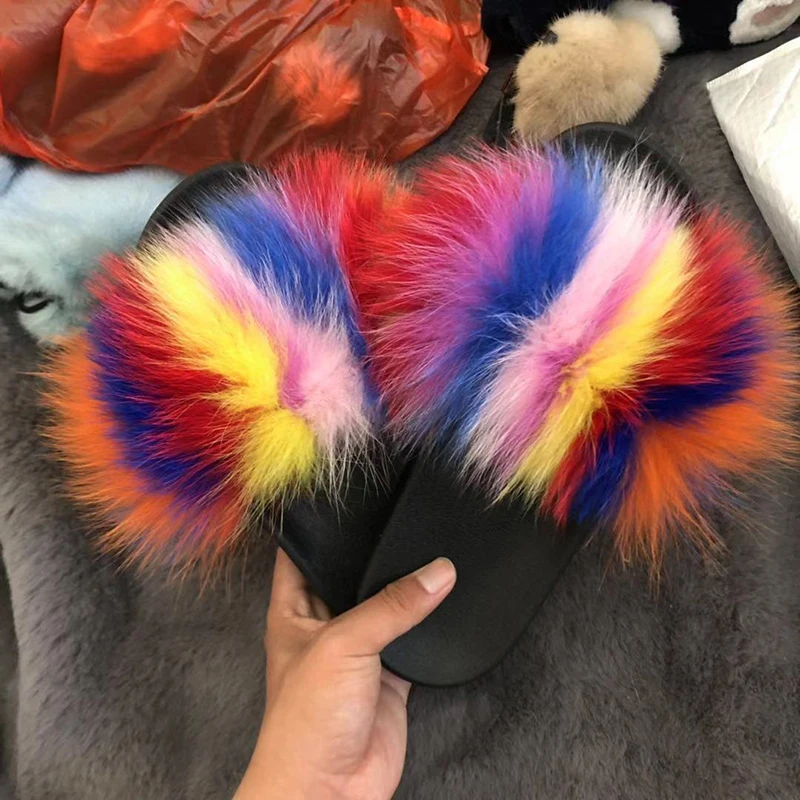 
China manufacture High Quality Furry Women raccoon fur slipper Slippers rainbow sandals fur slides 