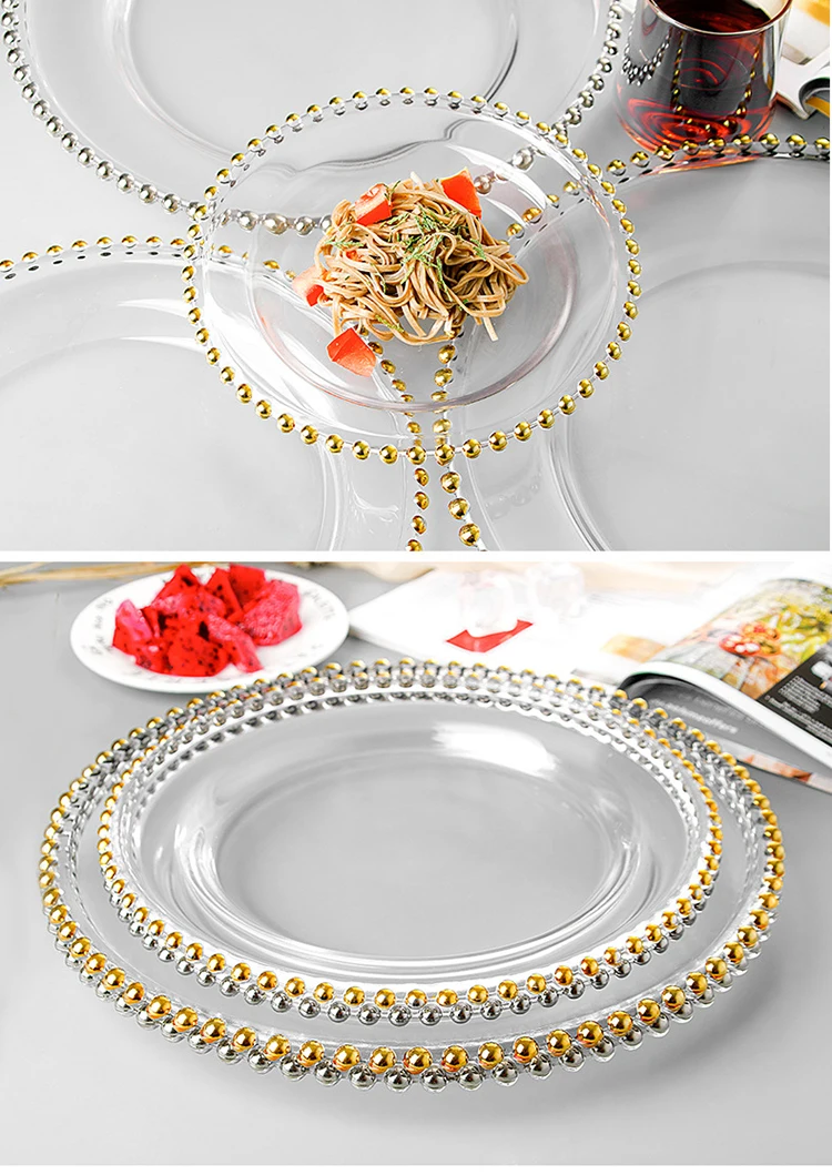Wholesale 13 Inch Clear Round Gold Rim Glass Beaded Charger Plates For Wedding Underplate