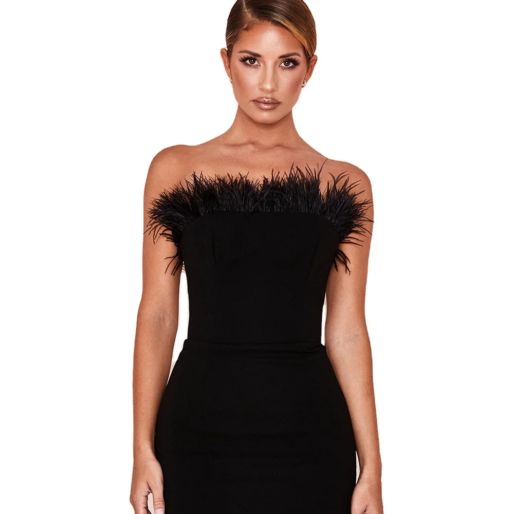 

Stylish Off Shoulder Black Feather Dresses Women Elegant Sexy Bodycon Bandage Dress, Picture
