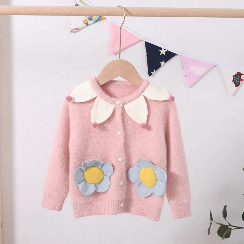 

B60382A Hot style girl outerwear cute flower knit 2019 Korean autumn baby sweater cardigan, White pink light blue