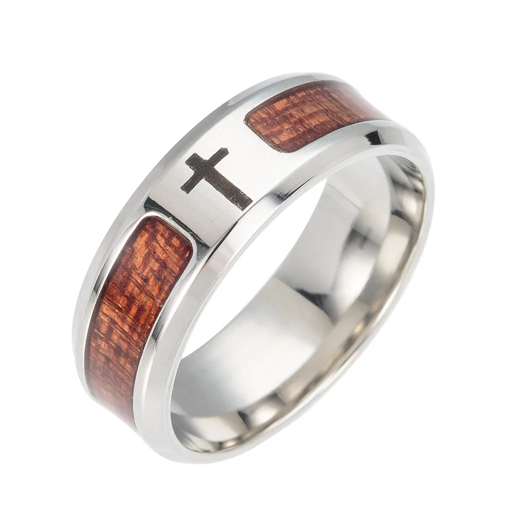 

Tik Tok accessories Stainless steel jewelry inlaid Acacia wood half ring men's ring wholesale