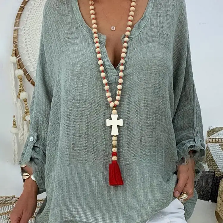 

Long-sleeved solid color v-neck casual shirt women's tops beach basic bohemian casual simple retro style
