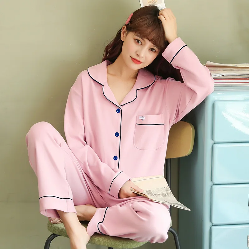 

JULY'S SONG Home Street Pure Cotton Women Pajama Set Casual Lapel Collar Long Sleeve Lady Sleepwear Solid Comfortable Loungewear, Green;pink;red;blue;yellow;gray;navy blue