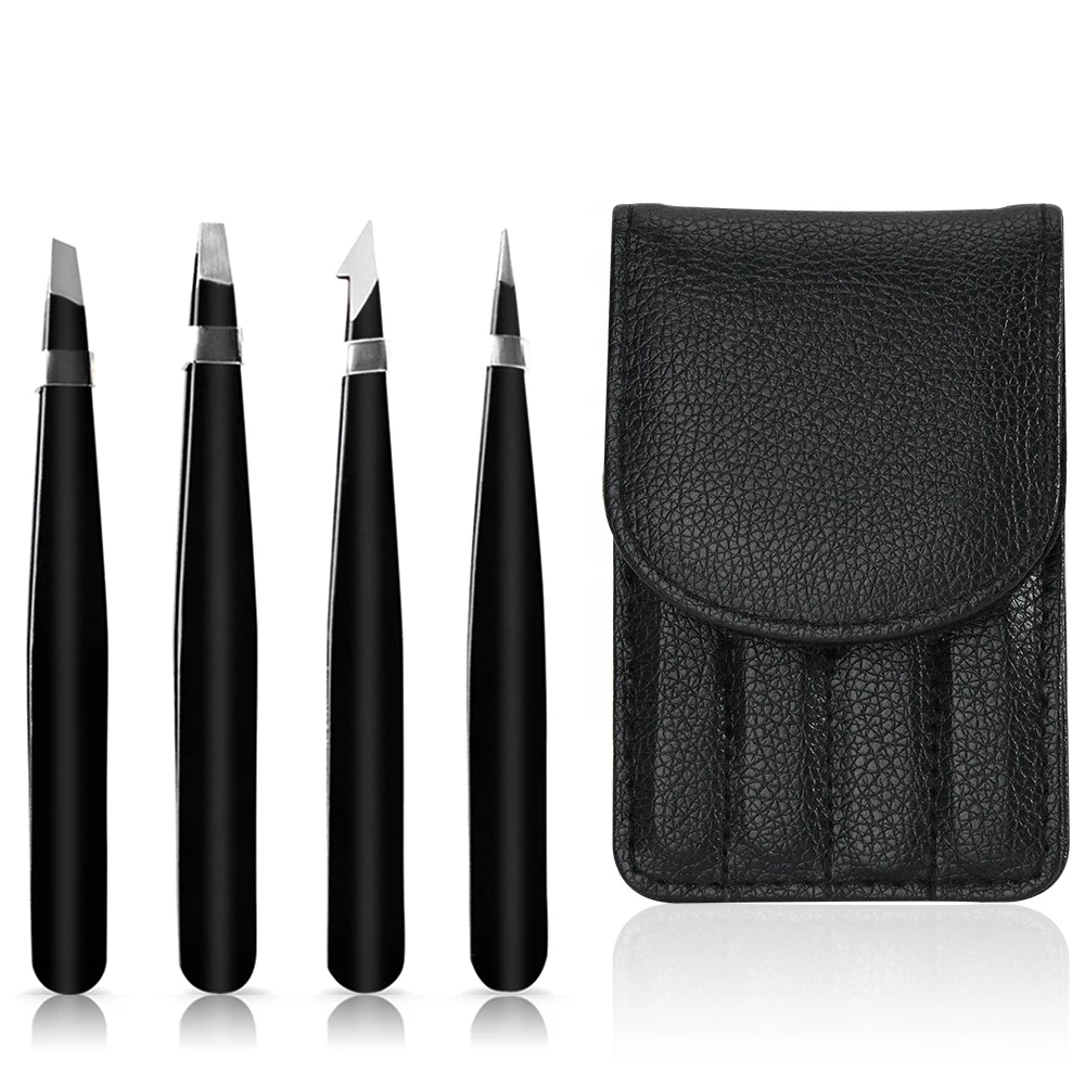

Custom Professional 4pcs Stainless Steel Black Eyebrow Trimmer Eyelash Tweezers Set