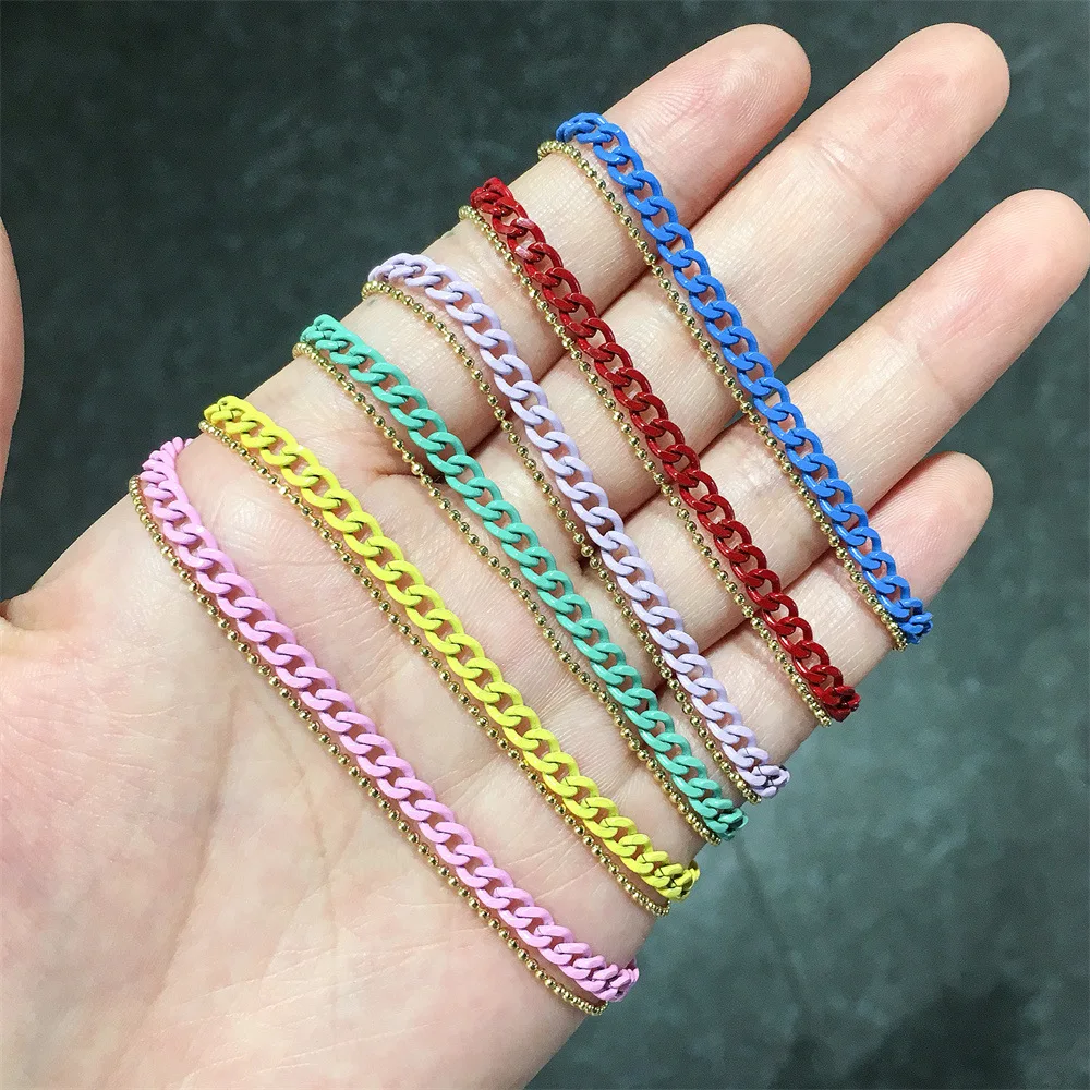 

Hiphop Punk Rainbow Color Cuban Chain Bracelet Set 2Pcs Set Double Layer Curb Link Chain Bracelet