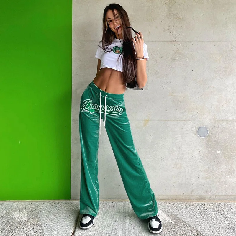

Hot Sale Sweatpants Woman Fall Street Fashion Embroidery Velvet Flare Pants Women Mid Waist Drawstring Pockets Trousers