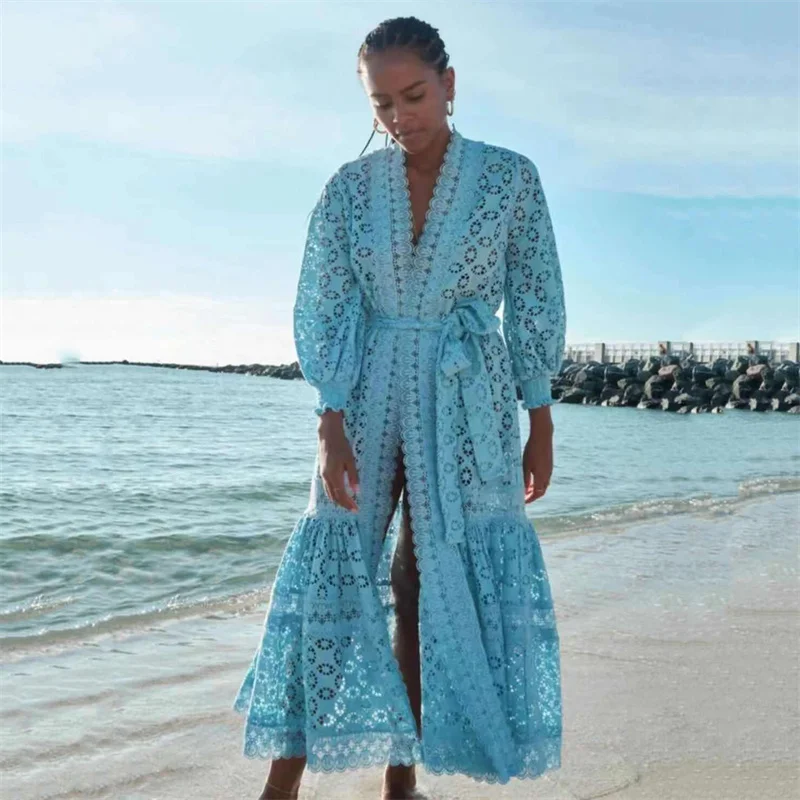 

A5137 Clothing Vendors V Neck Belted Casual Lace Maxi Dress With Long Sleeve For Ladies