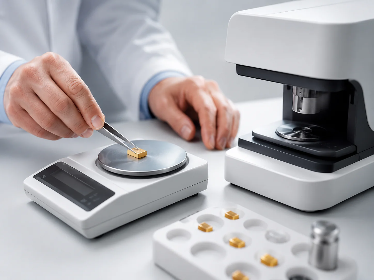 Specialist placing a plain gold sample on precision testing equipment